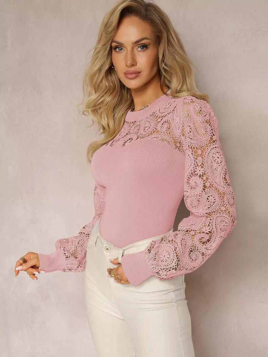 Crew Neck Top With Paisley Lace Long Sleeves – Pink