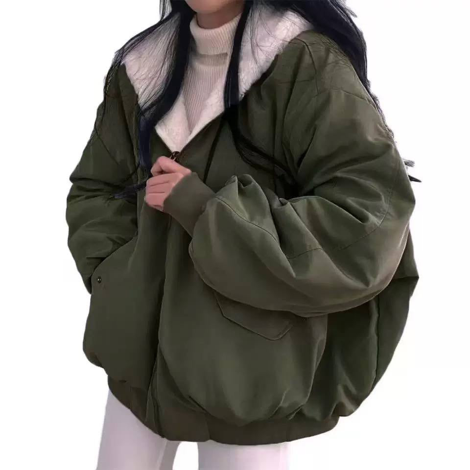 Oversized Zip-Front Bomber Jacket With Plush Collar – Olive Green
