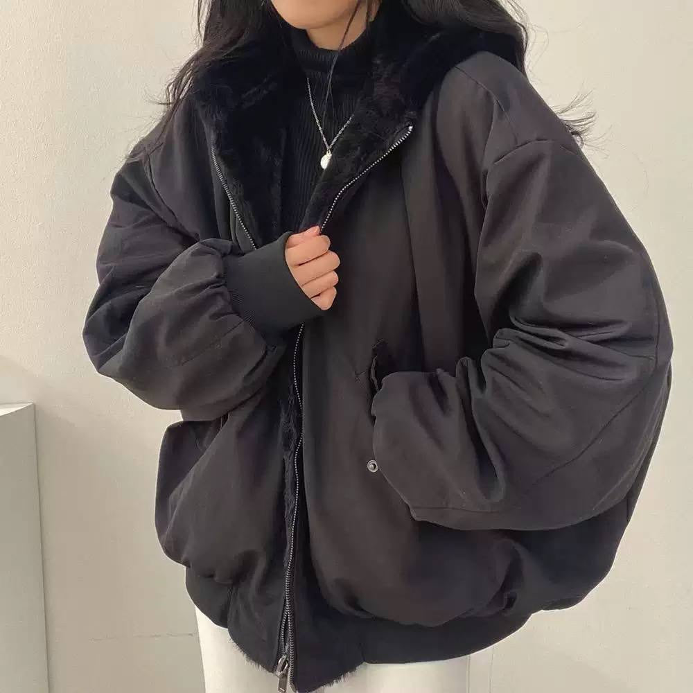Oversized Zip-Front Bomber Jacket With Plush Collar – Black