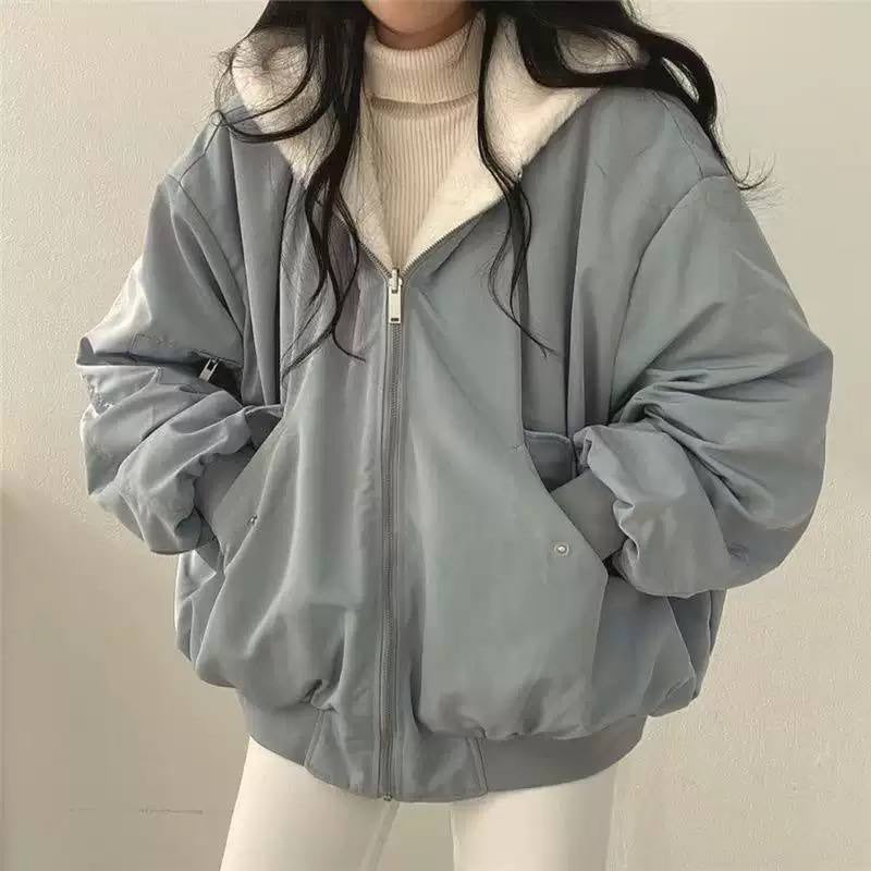 Oversized Zip-Front Bomber Jacket With Plush Collar – Grey