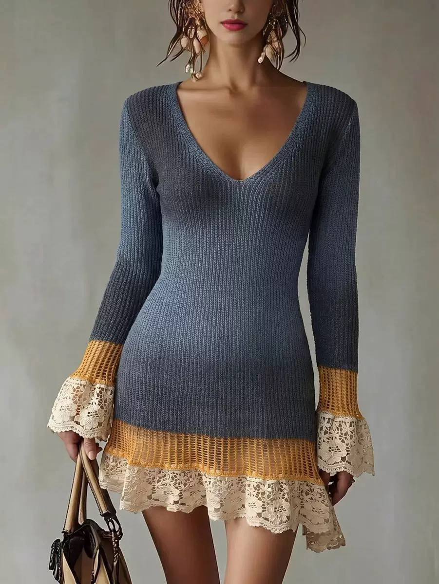 V-Neck Long Sleeve Sweater Dress With Lace Trim – Blue