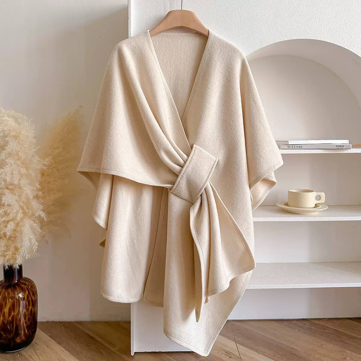 Draped Cape Wrap With Front Loop Detail – Cream