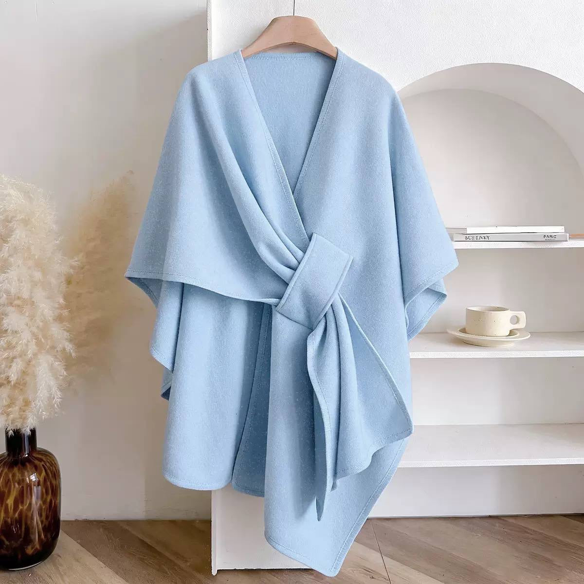 Draped Cape Wrap With Front Loop Detail – Light Blue