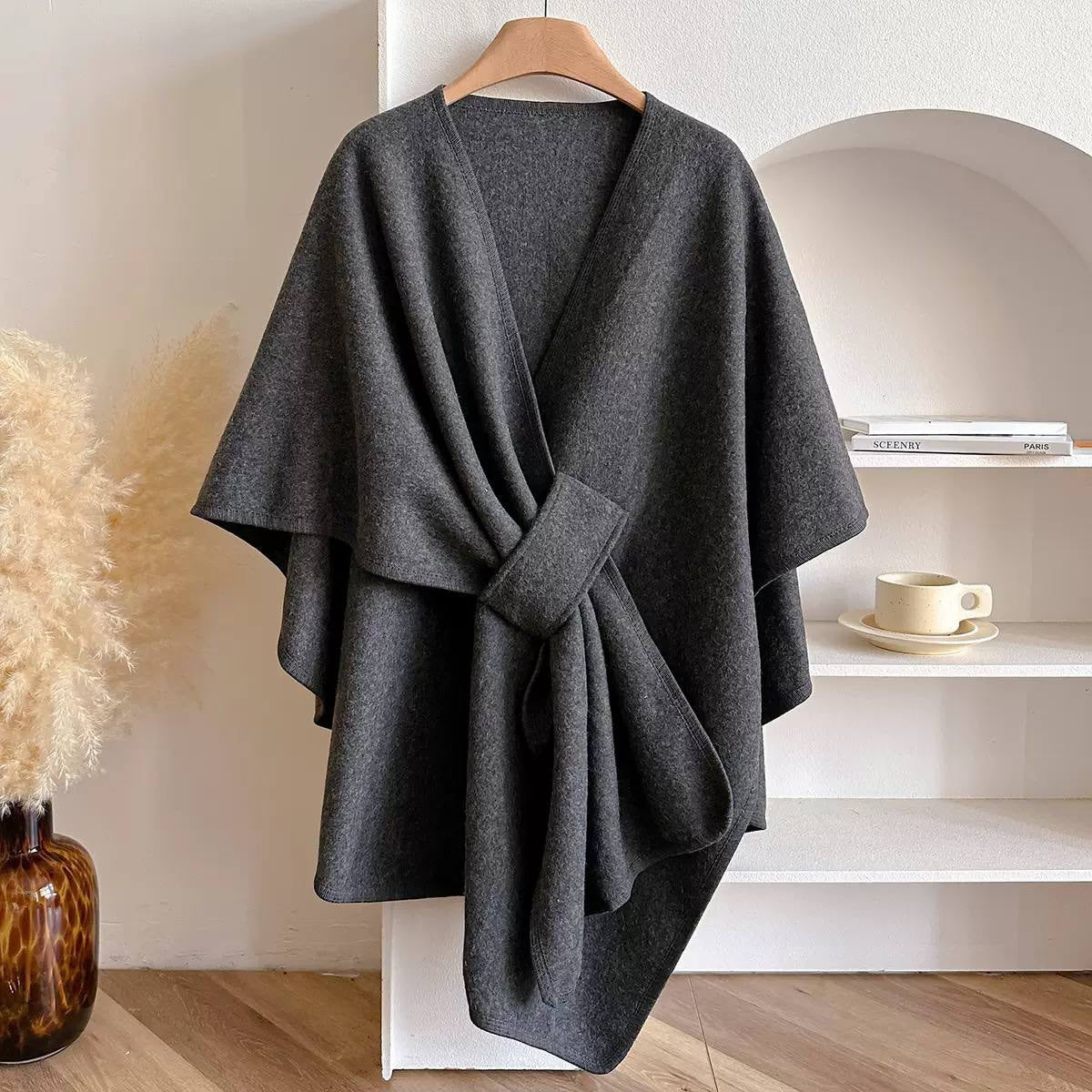 Draped Cape Wrap With Front Loop Detail – Charcoal