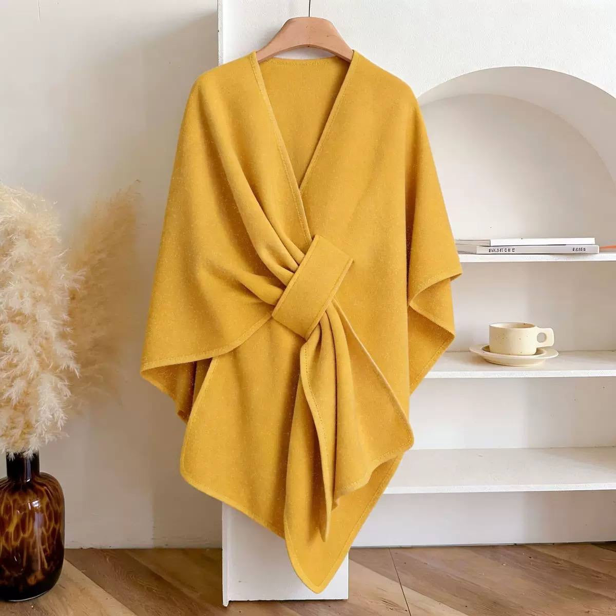 Draped Cape Wrap With Front Loop Detail – Yellow
