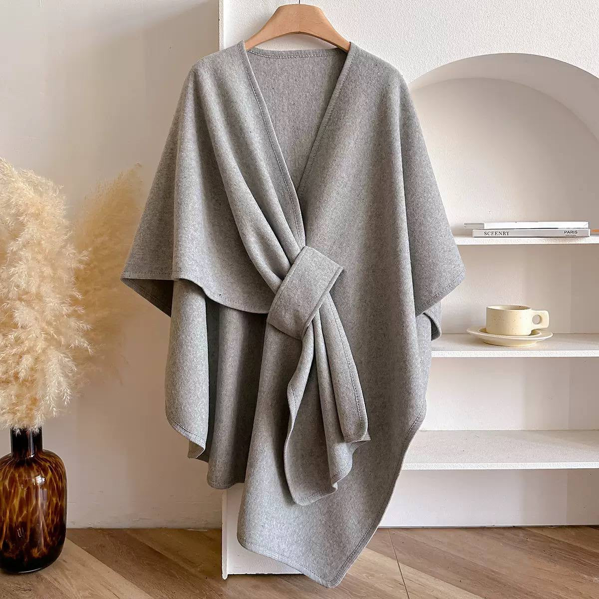 Draped Cape Wrap With Front Loop Detail – Light Grey