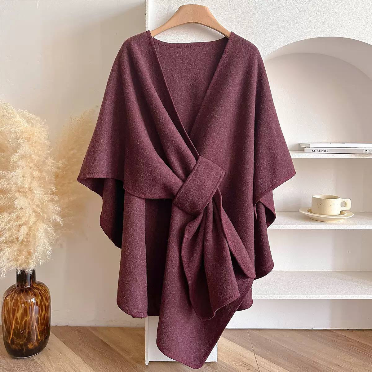 Draped Cape Wrap With Front Loop Detail – Burgundy