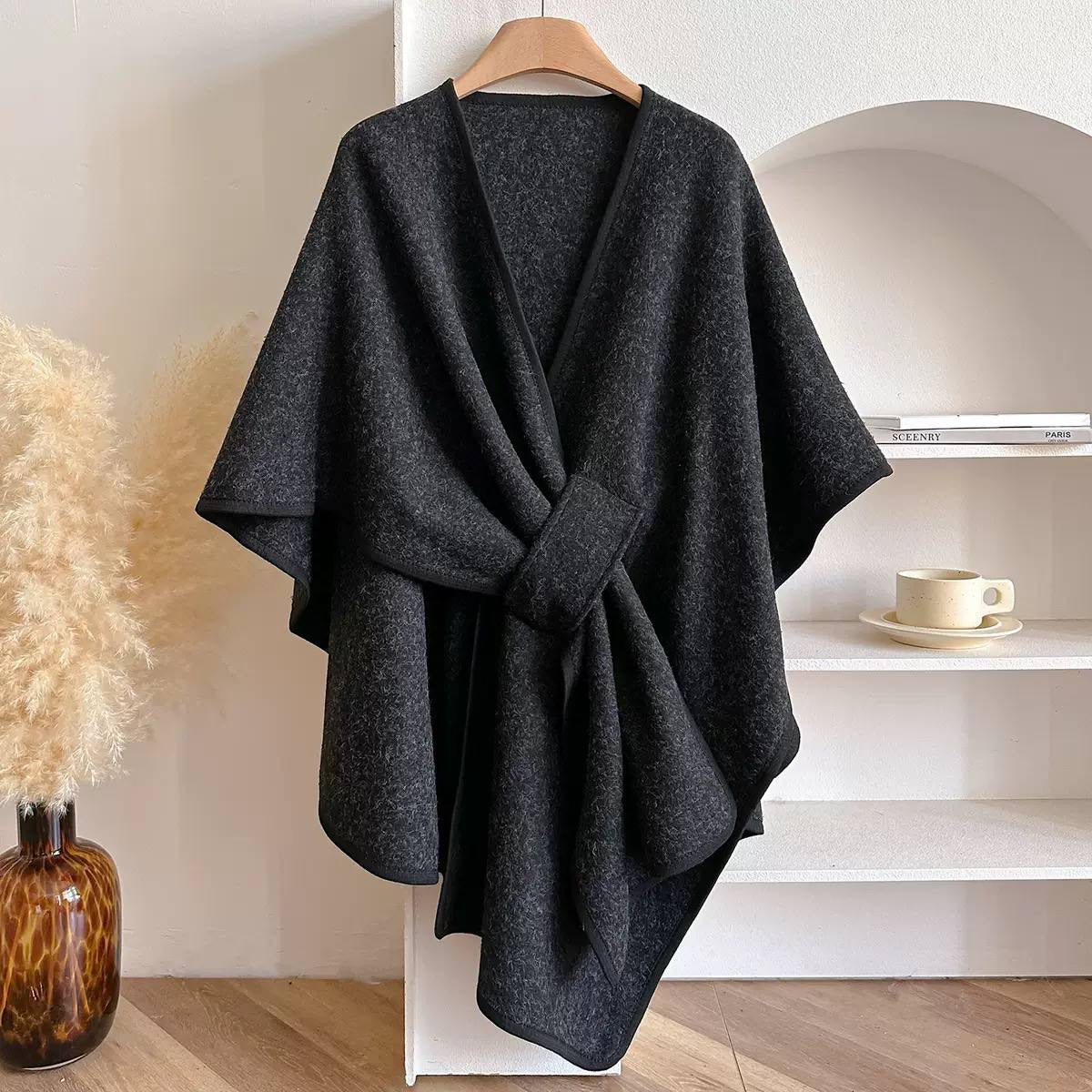 Draped Cape Wrap With Front Loop Detail – Black