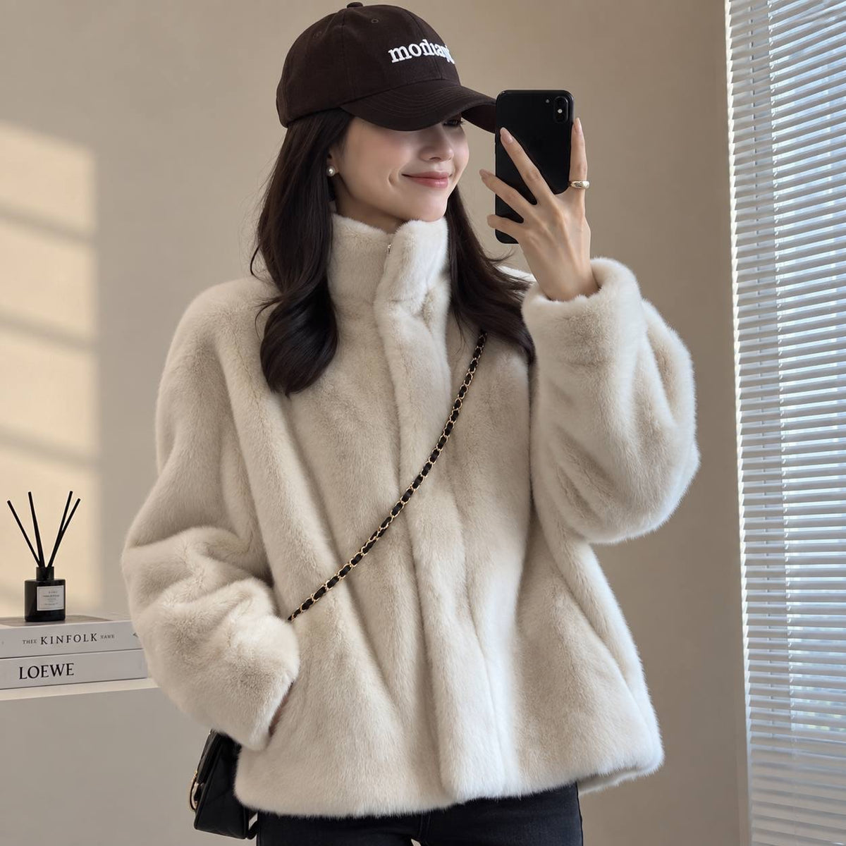 Plush Textured Stand Collar Jacket With Long Sleeves – Cream