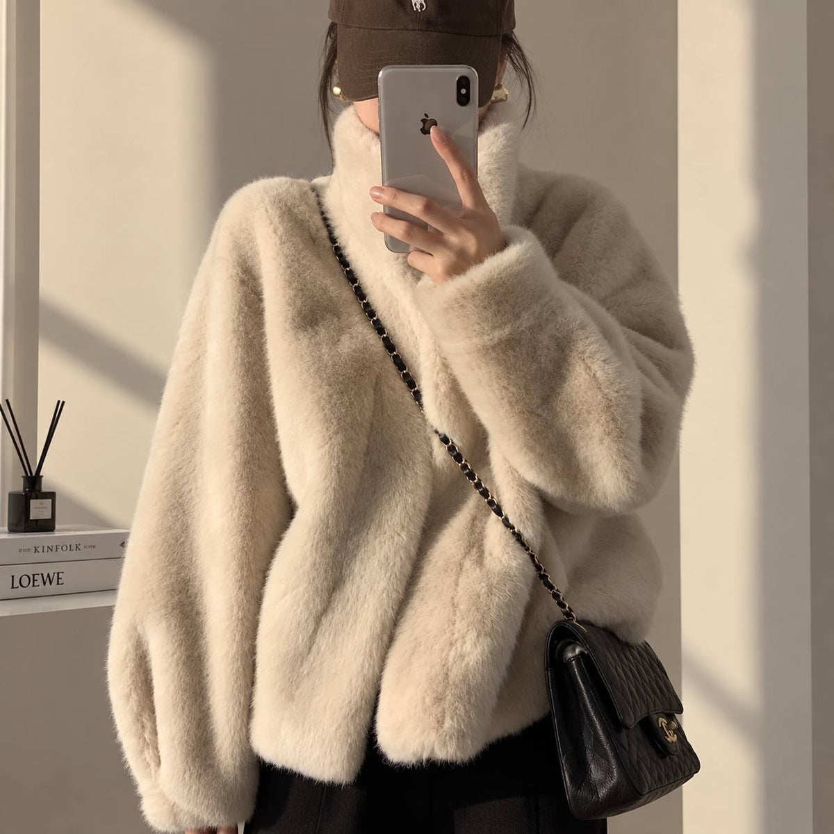 Plush Textured Stand Collar Jacket With Long Sleeves – Cream