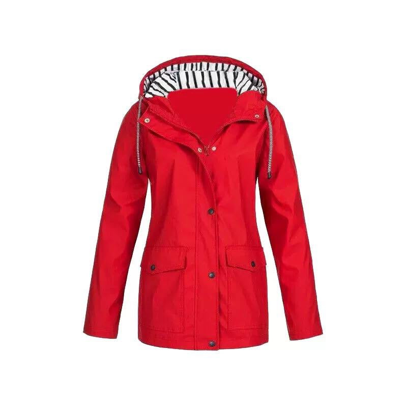 Hooded Zip-Front Jacket With Striped Hood Lining – Red