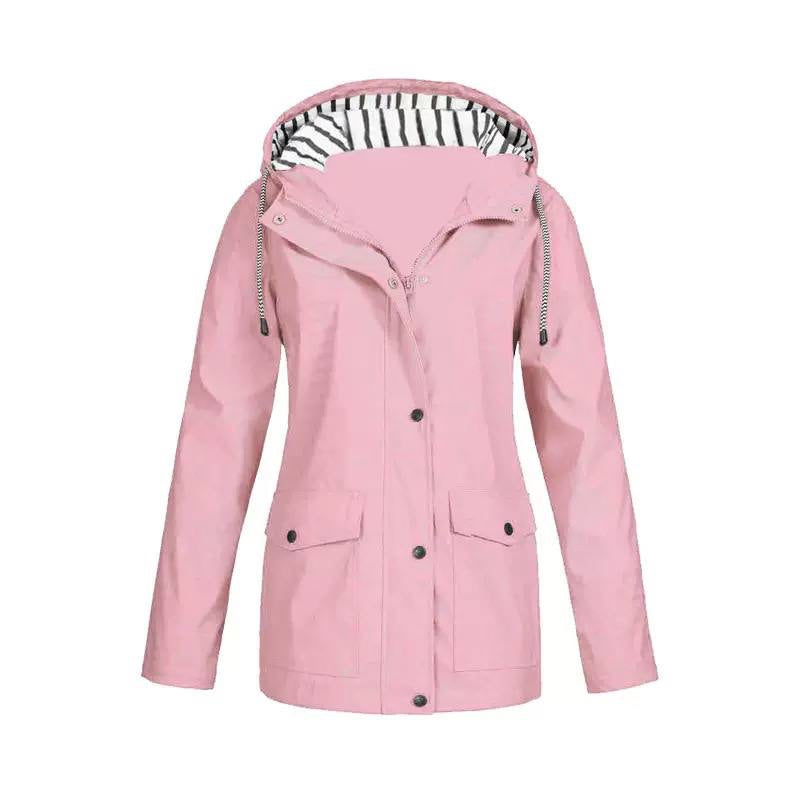 Hooded Zip-Front Jacket With Striped Hood Lining – Pink