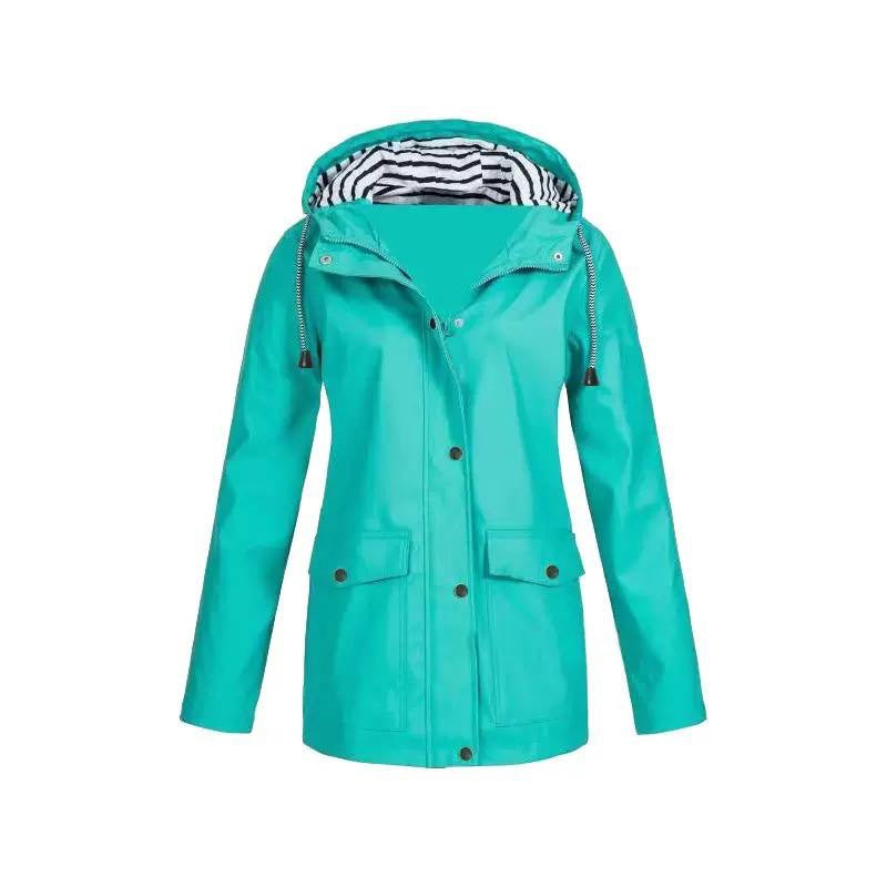 Hooded Zip-Front Jacket With Striped Hood Lining – Turquoise
