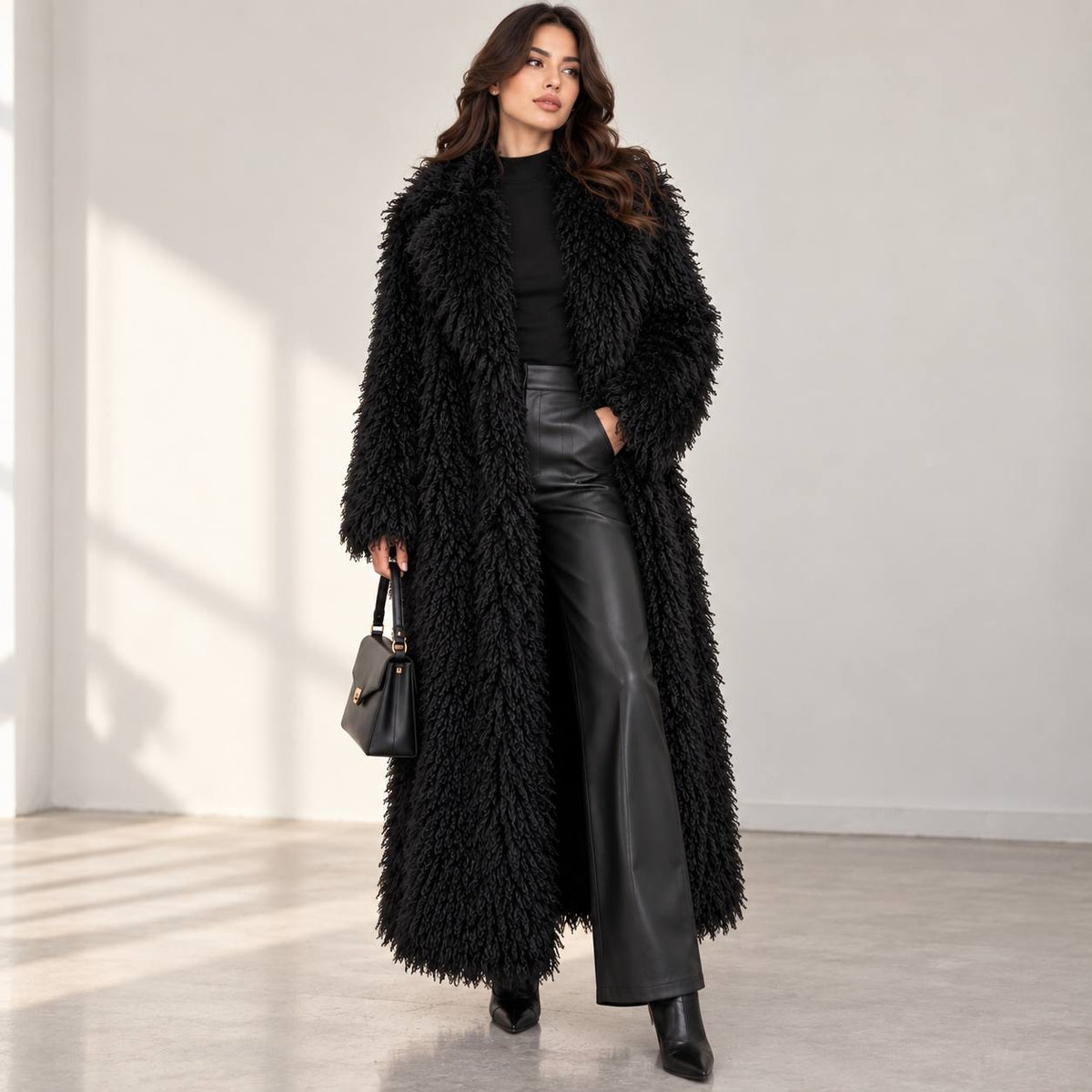 Textured Longline Coat With Wide Collar and Long Sleeves – Black