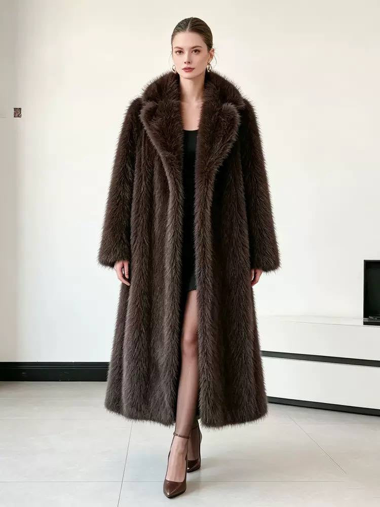 Textured Longline Coat With Wide Collar and Long Sleeves – Brown