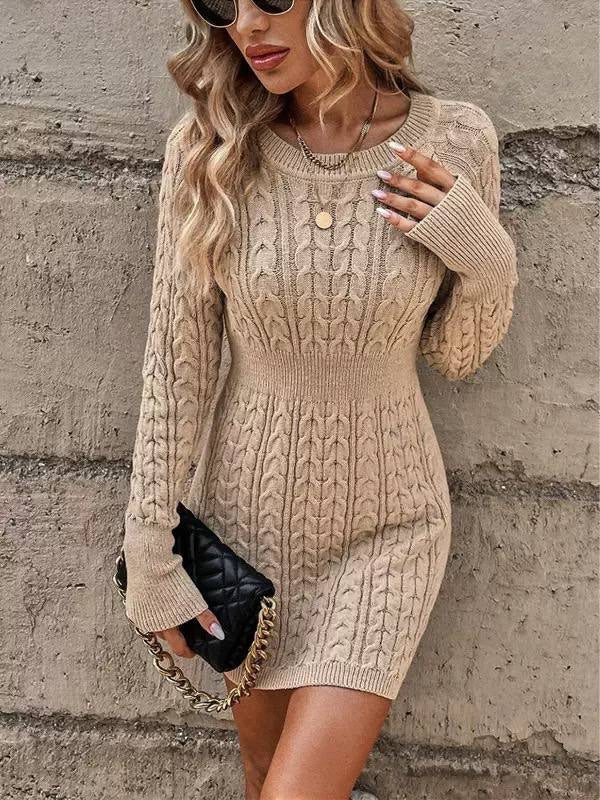 Cable Knit Long Sleeve Mini Sweater Dress – Beige