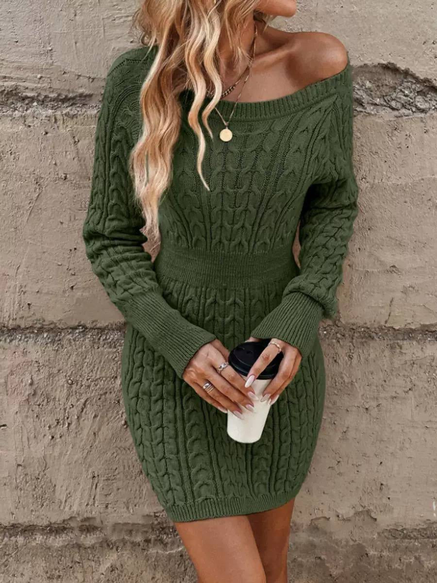 Cable Knit Long Sleeve Mini Sweater Dress – Green