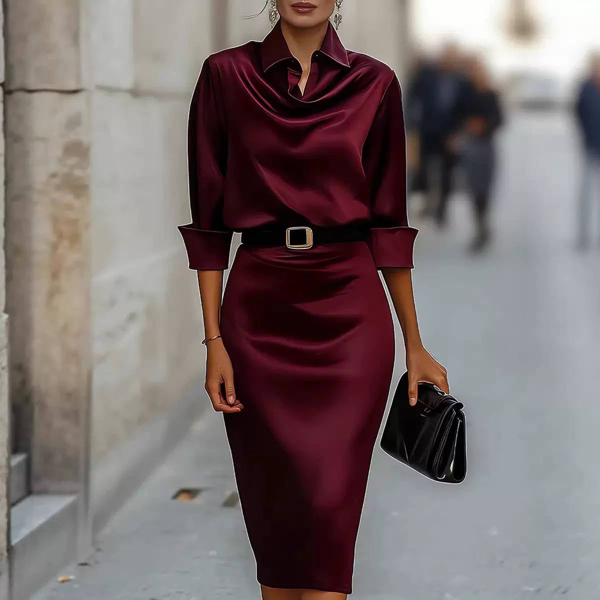 Collared Draped Neckline Pencil Dress With Three-Quarter Sleeves – Burgundy