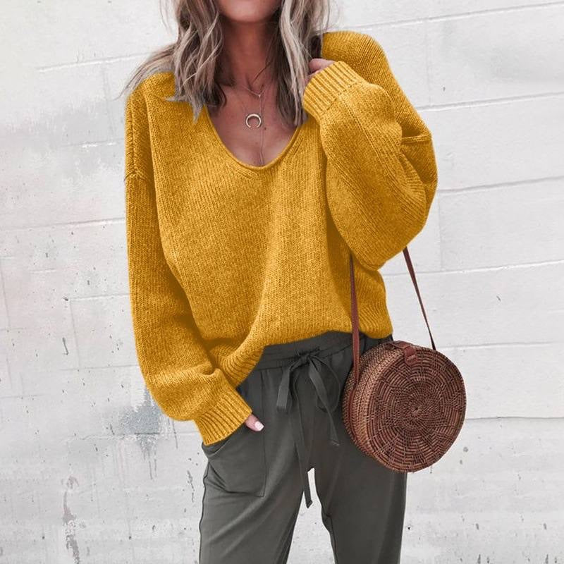 Relaxed Scoop Neck Sweater With Ribbed Cuffs – Mustard