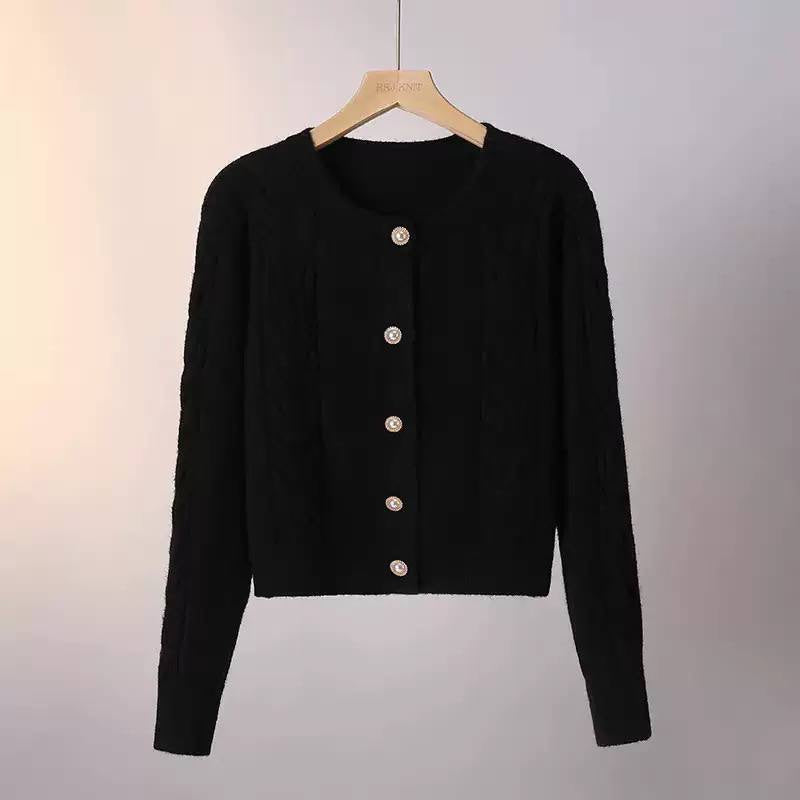 Cable-Knit Round Neck Cardigan With Decorative Button Front – Black