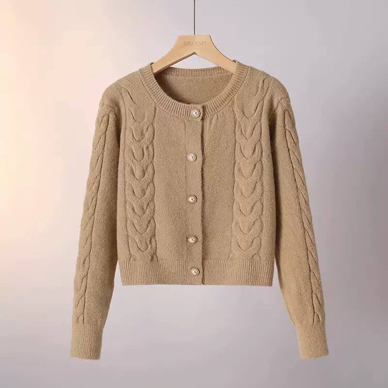 Cable-Knit Round Neck Cardigan With Decorative Button Front – Beige