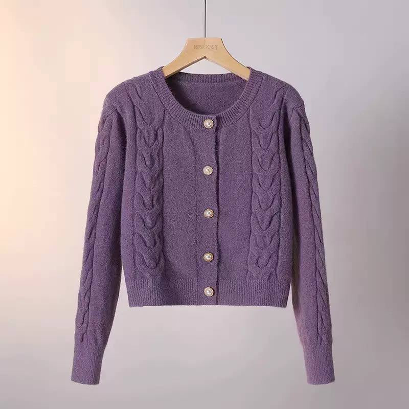 Cable-Knit Round Neck Cardigan With Decorative Button Front – Purple