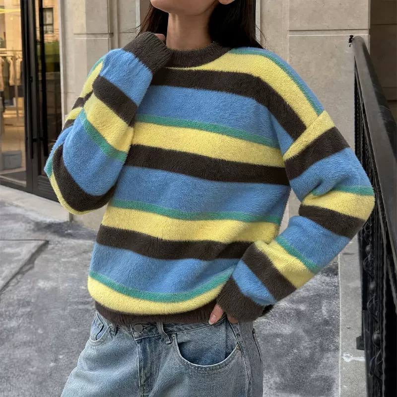Relaxed Striped Crewneck Sweater With Drop Shoulder Sleeves – Blue Striped