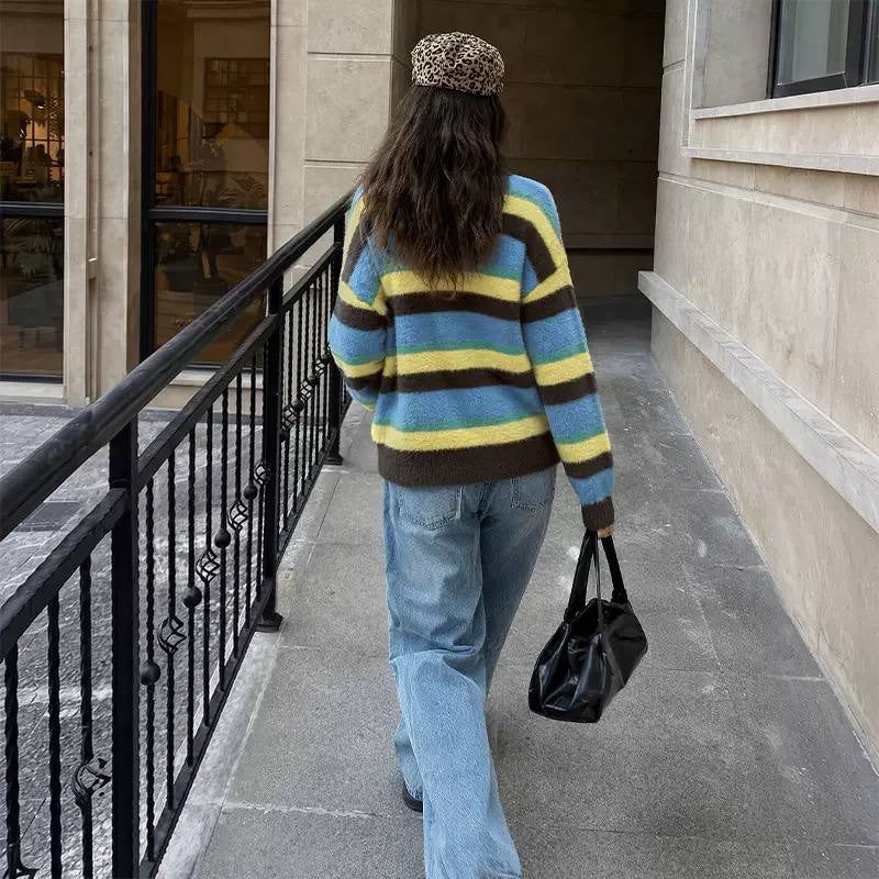 Relaxed Striped Crewneck Sweater With Drop Shoulder Sleeves – Blue Striped
