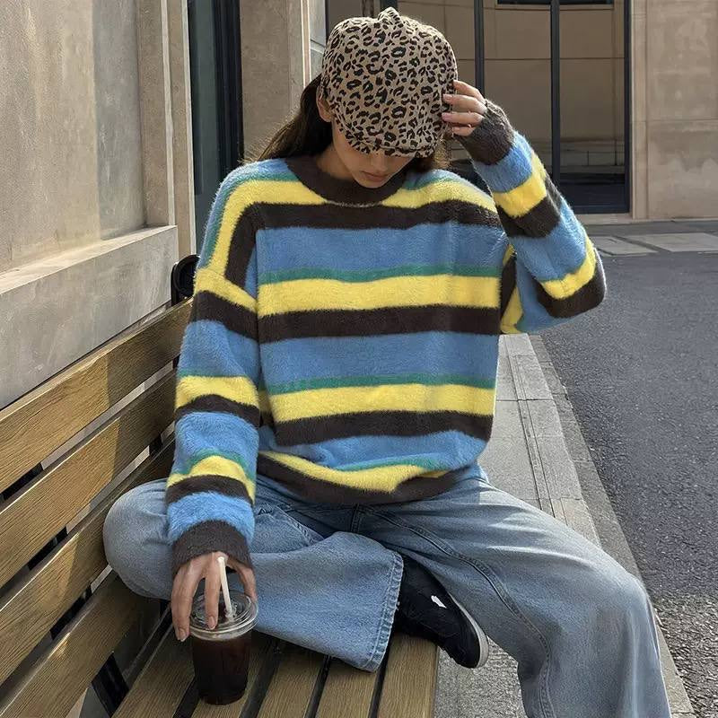 Relaxed Striped Crewneck Sweater With Drop Shoulder Sleeves – Blue Striped