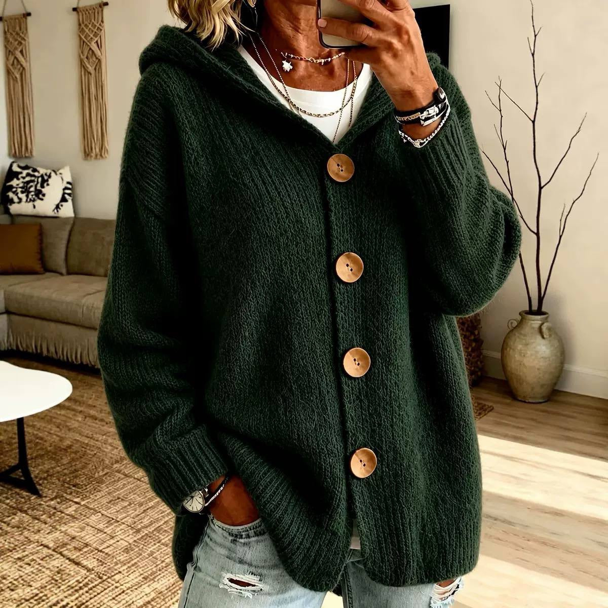 Relaxed Hooded Button-Front Cardigan With Ribbed Trim – Dark Green