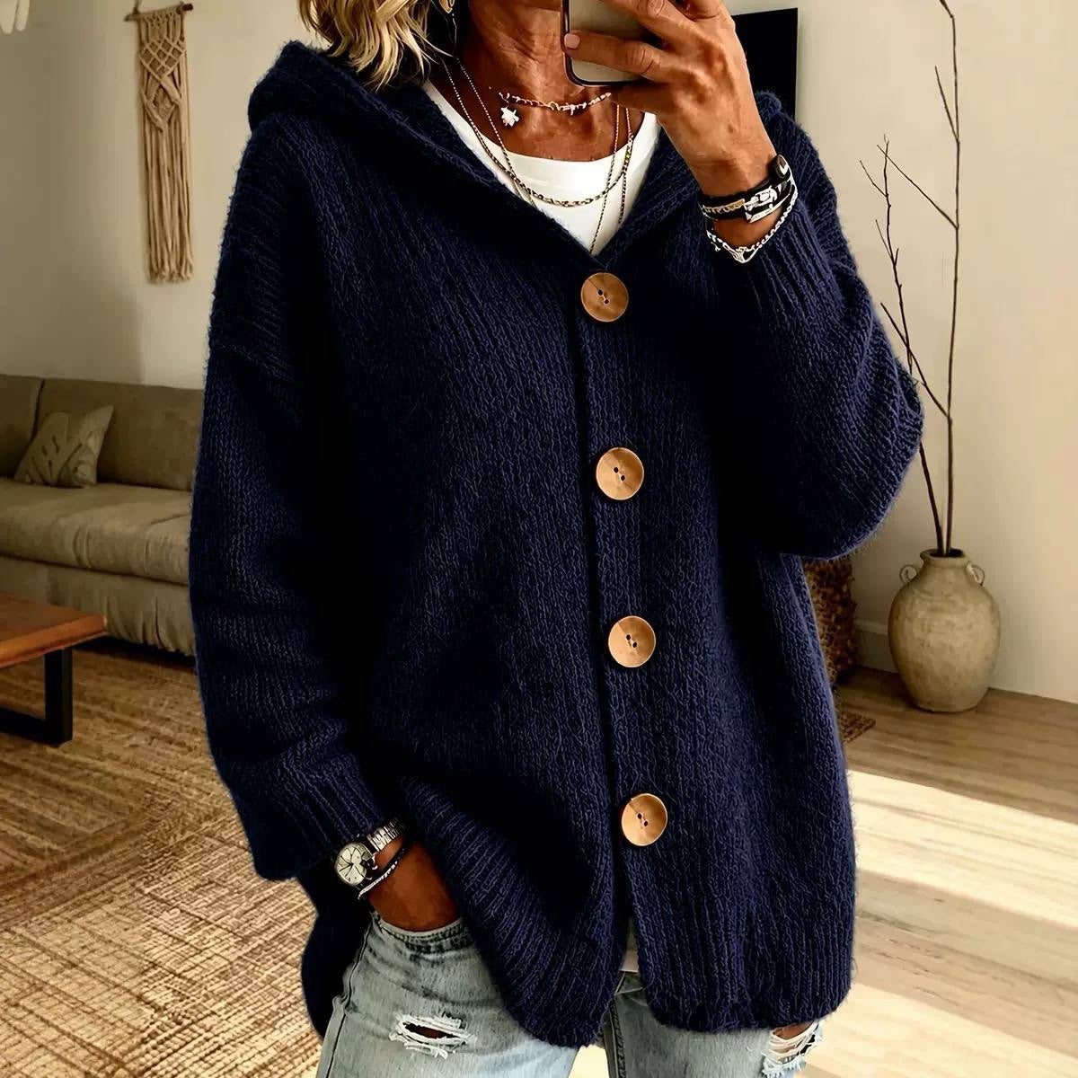 Relaxed Hooded Button-Front Cardigan With Ribbed Trim – Navy