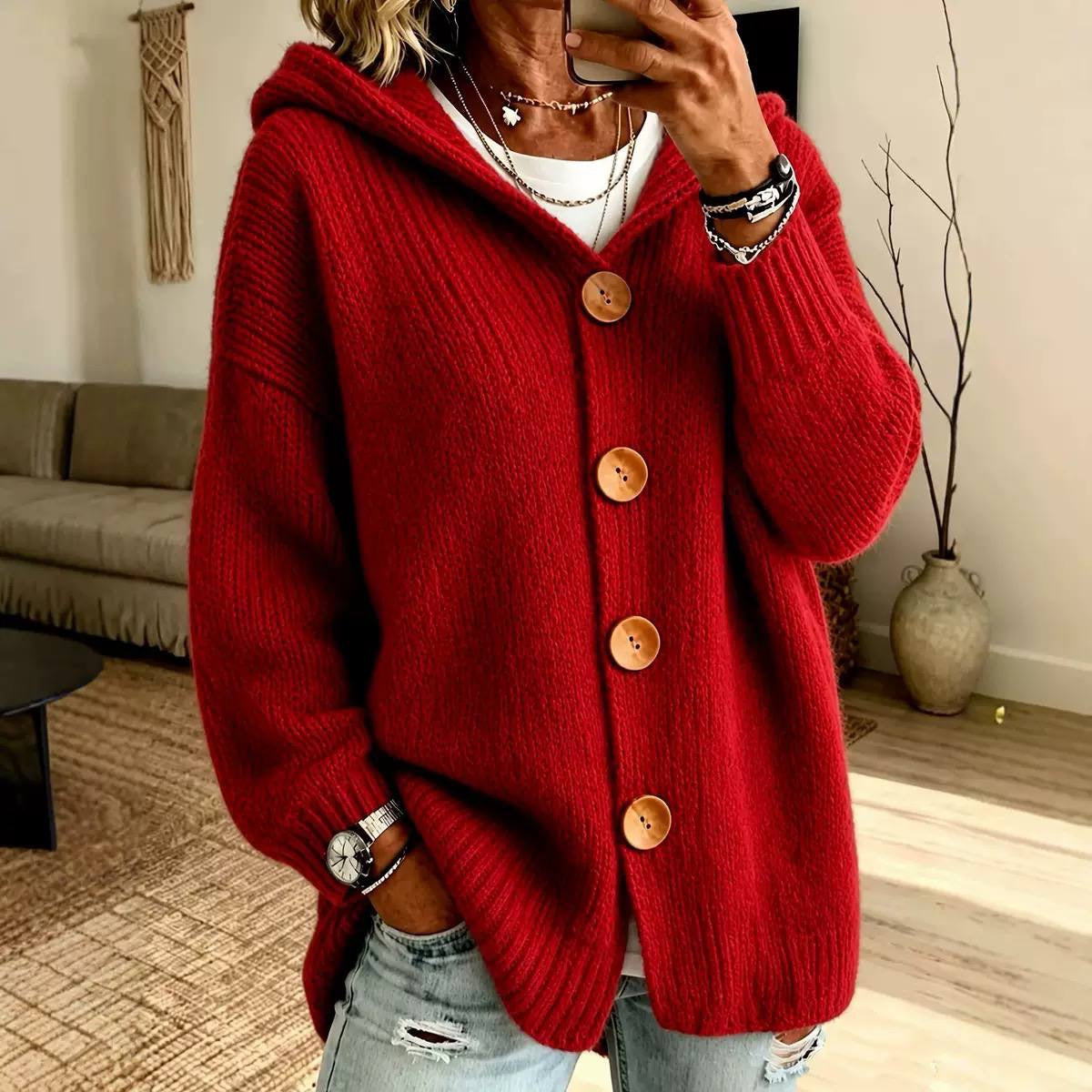 Relaxed Hooded Button-Front Cardigan With Ribbed Trim – Red