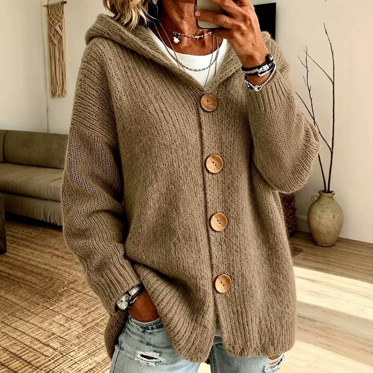 Relaxed Hooded Button-Front Cardigan With Ribbed Trim – Taupe