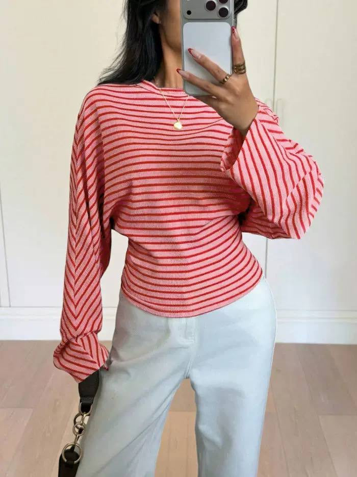 Striped Batwing Sleeve Sweater With a Fitted Waist – Pink Striped