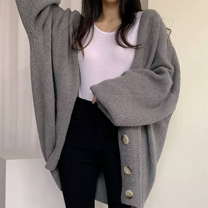 Oversized V-Neck Button-Front Cardigan With Balloon Sleeves – Grey