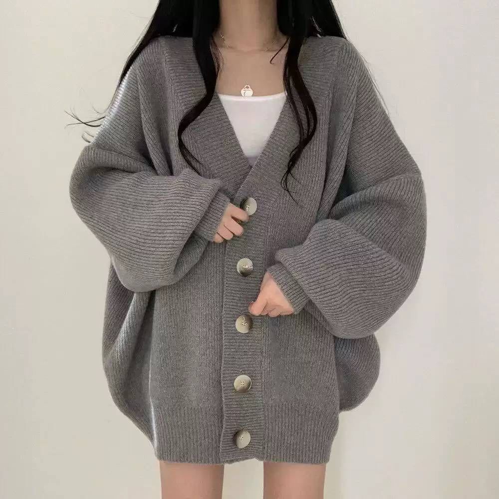 Oversized V-Neck Button-Front Cardigan With Balloon Sleeves – Grey