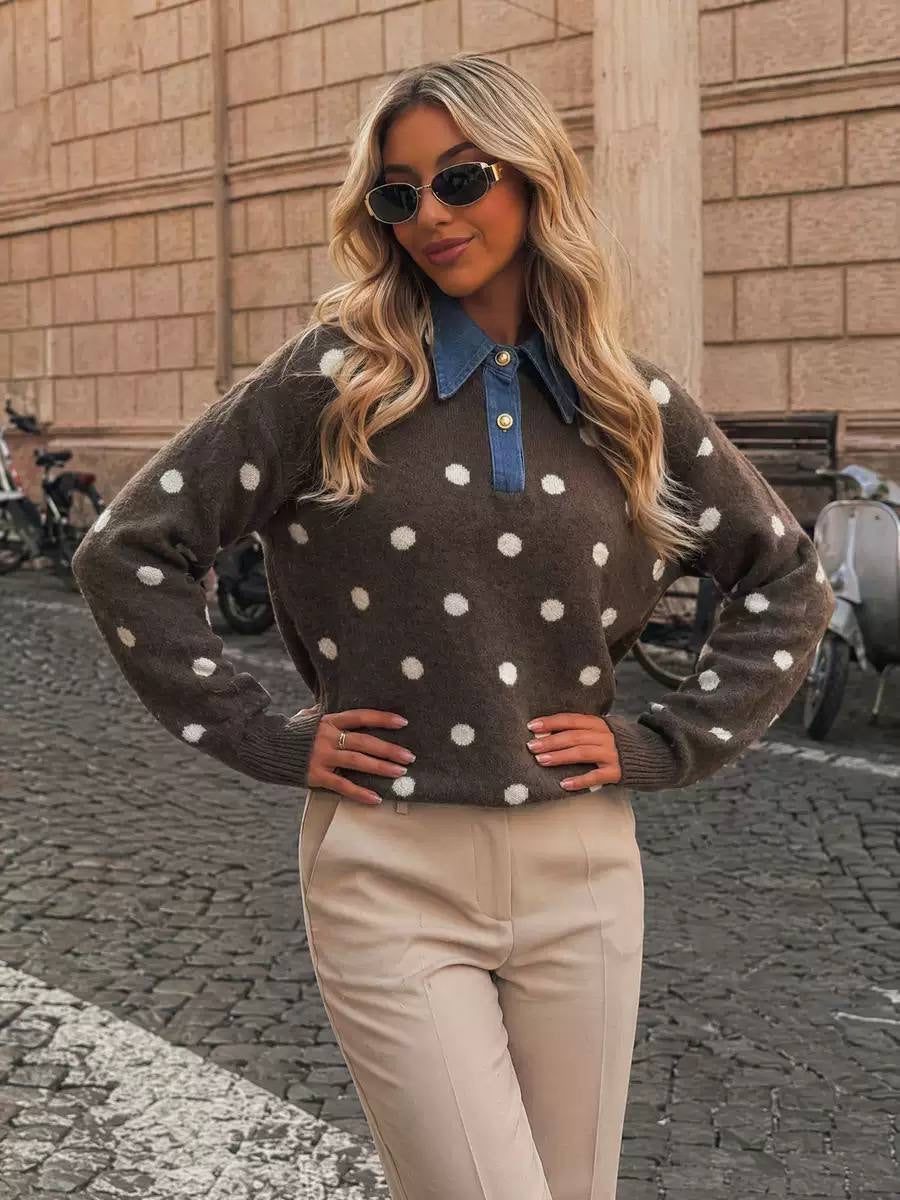 Polka Dot Long Sleeve Sweater With Contrast Collar – Brown Polka Dot