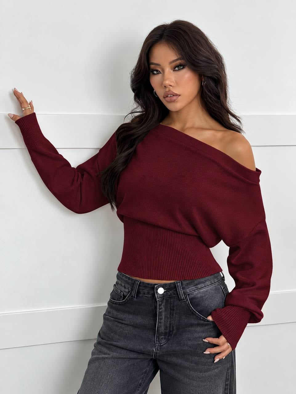 Off-Shoulder Long Sleeve Sweater With Ribbed Waist – Burgundy