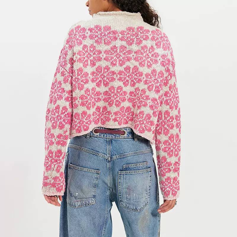 Floral Cropped Sweater With Relaxed Long Sleeves – Pink Floral
