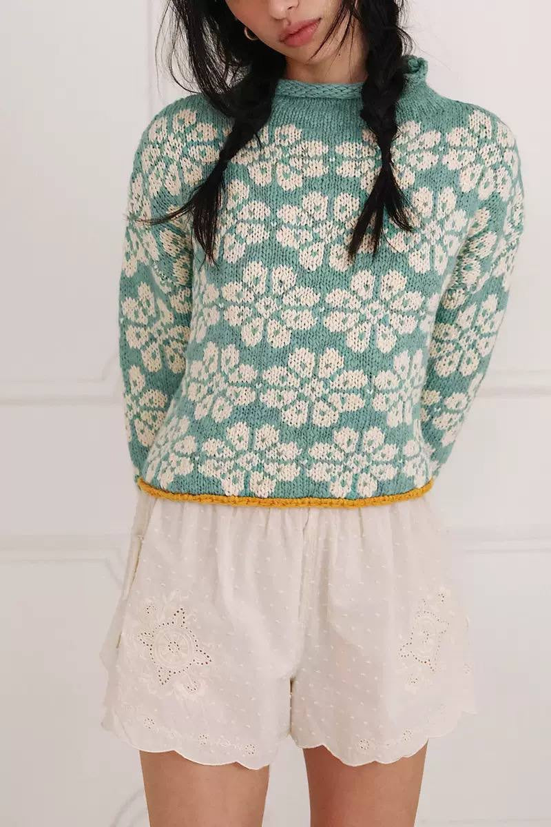 Floral Cropped Sweater With Relaxed Long Sleeves – Green Floral