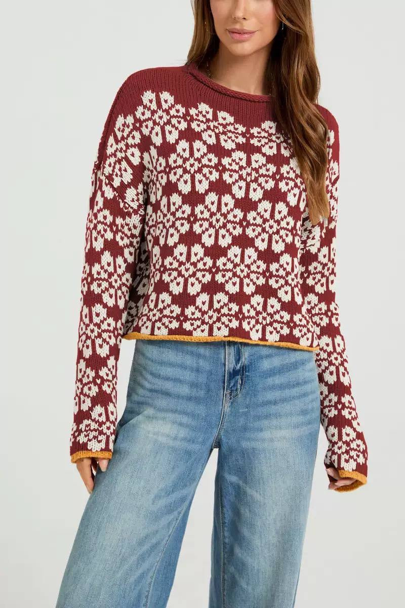 Floral Cropped Sweater With Relaxed Long Sleeves – Burgundy Floral