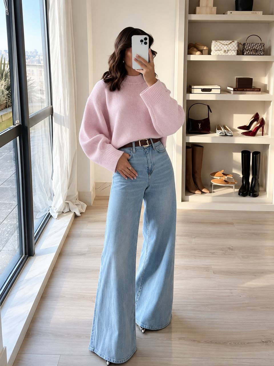 Relaxed Crewneck Sweater With Wide Ribbed Cuffs – Pink