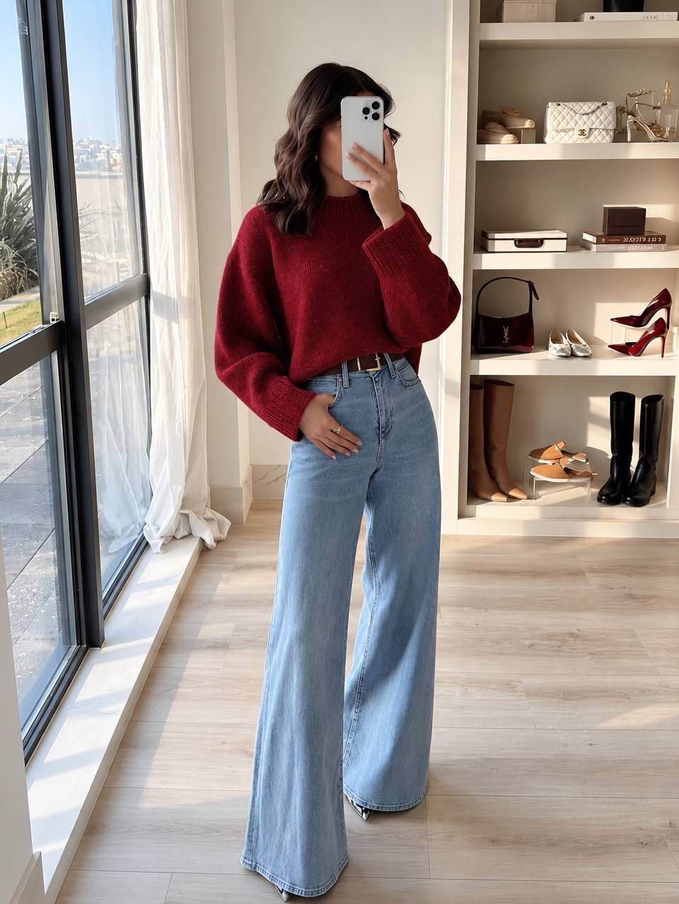 Relaxed Crewneck Sweater With Wide Ribbed Cuffs – Burgundy