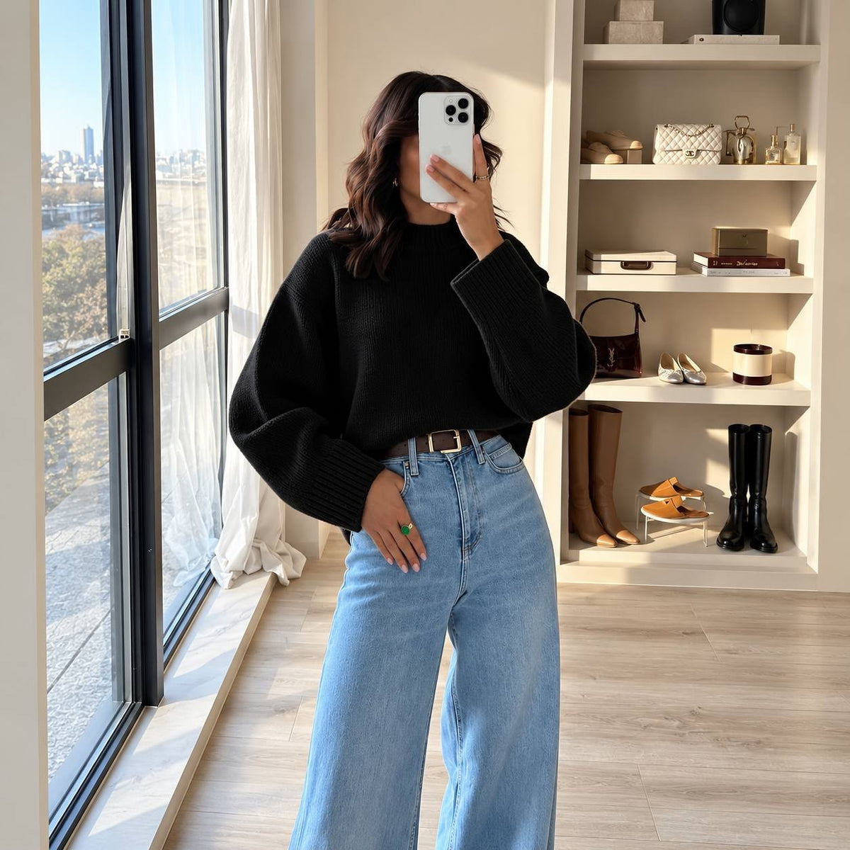 Relaxed Crewneck Sweater With Wide Ribbed Cuffs – Black