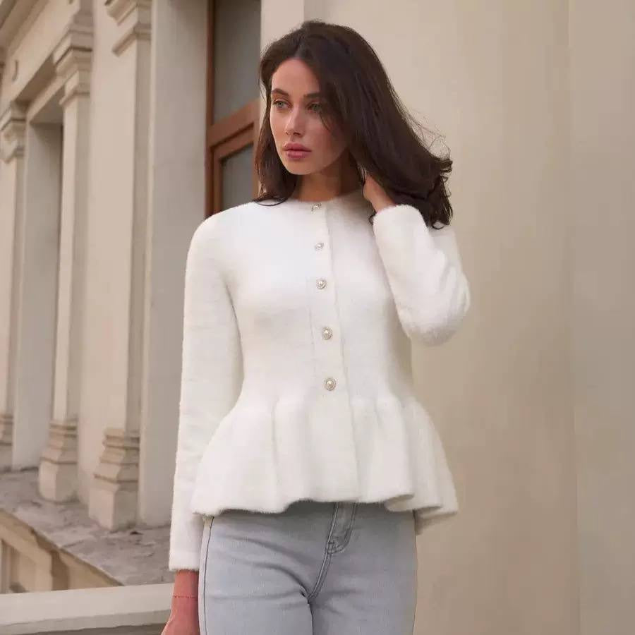 Round Neck Button-Front Peplum Cardigan With Long Sleeves – White