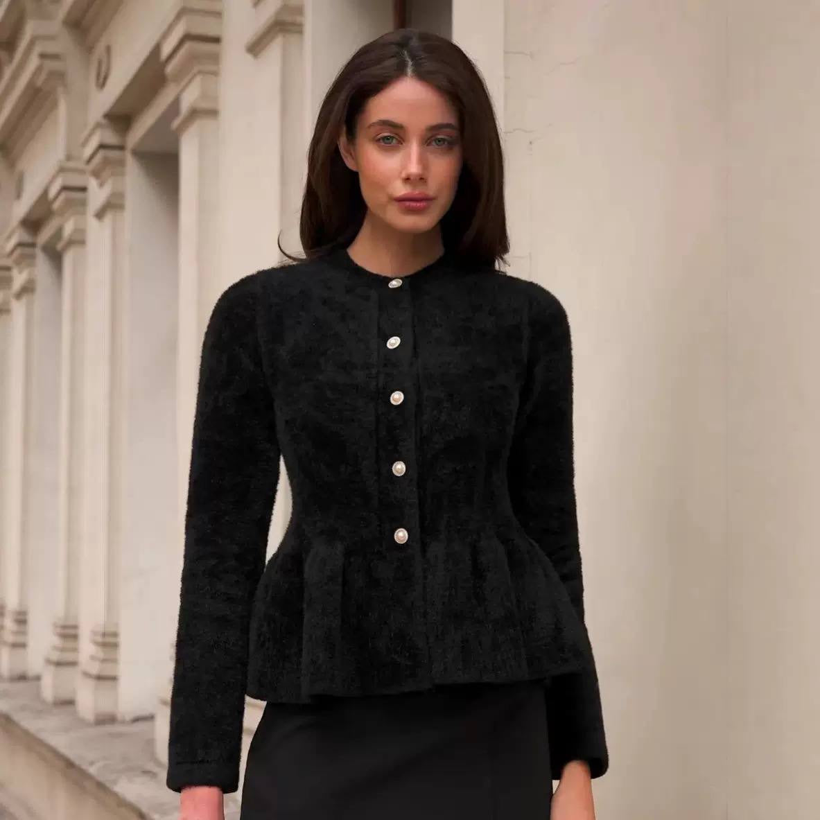 Round Neck Button-Front Peplum Cardigan With Long Sleeves – Black