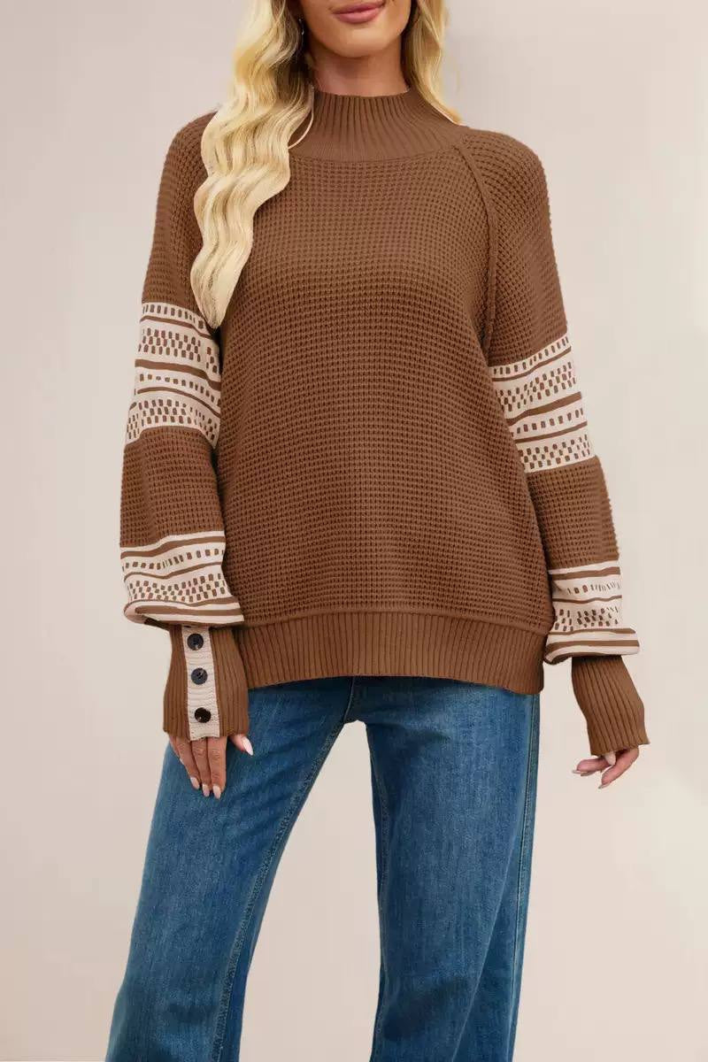 Relaxed Mock Neck Sweater With Patterned Sleeves – Brown Geometric