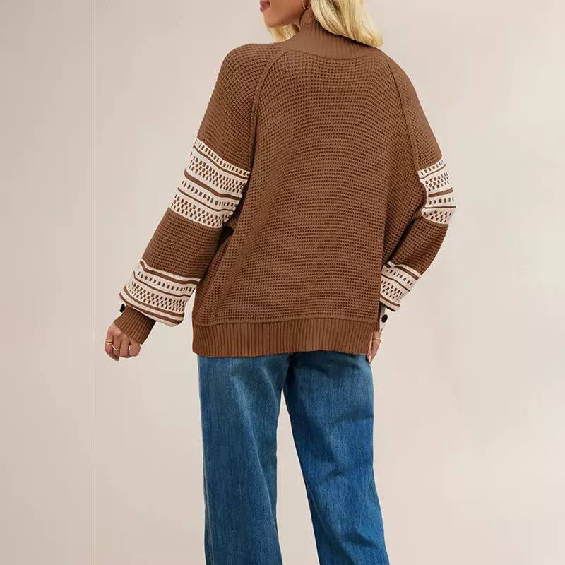 Relaxed Mock Neck Sweater With Patterned Sleeves – Brown Geometric