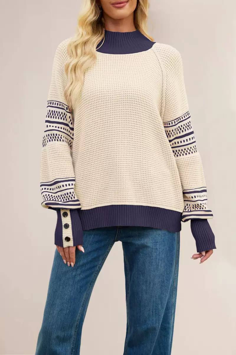 Relaxed Mock Neck Sweater With Patterned Sleeves – Cream Geometric