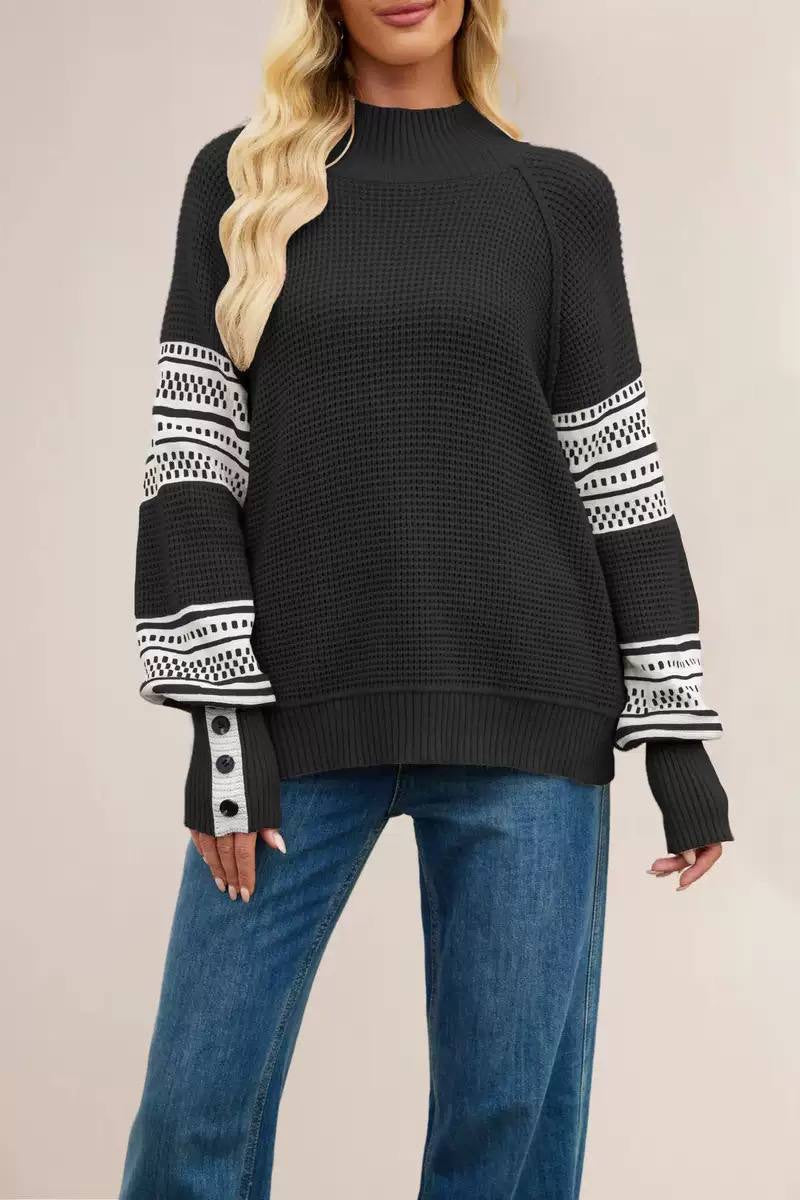 Relaxed Mock Neck Sweater With Patterned Sleeves – Black Geometric